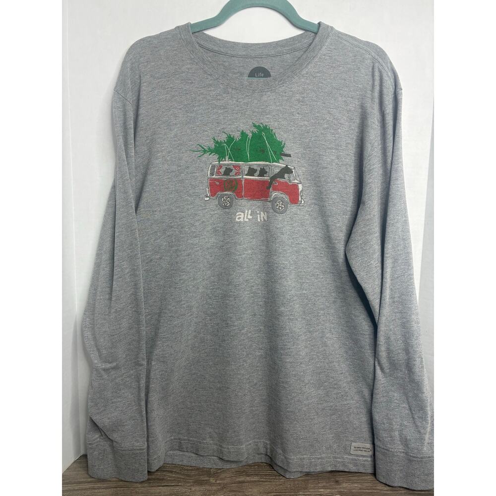 Life is Good Men's Long Sleeve Gray Graphic T-Shirt Large Camping Bears